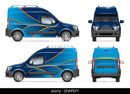 Cargo van vector mockup with modern branding livery for vehicle wrapping design concept. Side, rear and front view Stock Vector