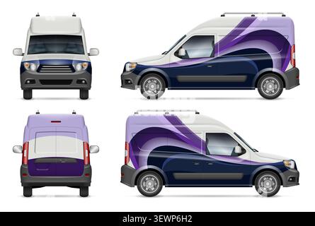 Commercial van vehicle wrap mockup with abstract blue and violet geometric wave design for corporate brand identity branding concept Stock Vector