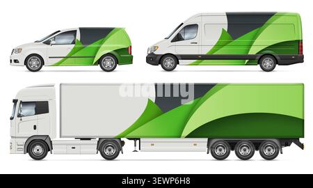Vehicle branding mockup template with abstract green and dark grey geometric wrap design for corporate identity concept Stock Vector