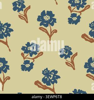 Folk seamless pattern with hand drawn abstract blue flowers and brown leaves on yellow background. Artistic rough brush strokes floral design in Stock Vector