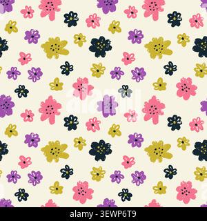 Hand drawn seamless pattern with chalky texture brush stroke abstract folk flowers. Organic botanical design with artisanal painted elements. Vibrant Stock Vector