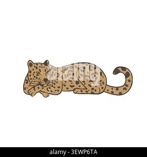 Hand drawn vector illustration of lying jaguar isolated on white background. Cute exotic big cat with green eyes, leopard spots and vintage texture Stock Vector