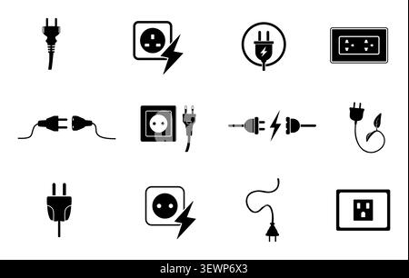 Electric plug and socket silhouette icons set, Black silhouette electrical plug socket, Electric charge icon set with plug, socket. Stock Vector