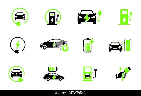 Electric car charging icon, EV station, plug, socket, hybrid car, green electric car with plug symbol on white background, EV car charging icon. Stock Vector
