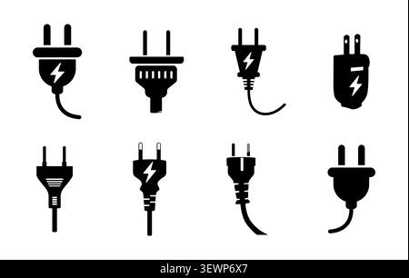 Electric plug icons set, Black silhouette of electrical plug, Electric plug silhouette set, Electric plug svg, Electric plug vectors. Stock Vector