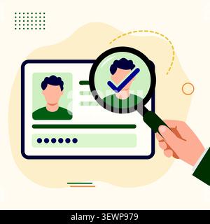 Flat vector illustration of identity verification and user authentication featuring profile validation, digital security, access approval, and account Stock Vector