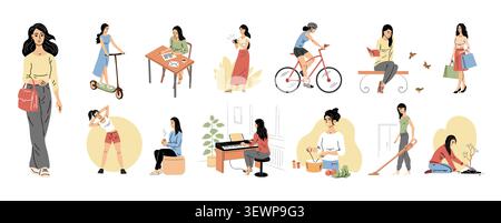 Vector illustration of woman lifestyle collection featuring everyday activities, daily routine, work, shopping, reading, cooking, cleaning, cycling an Stock Vector