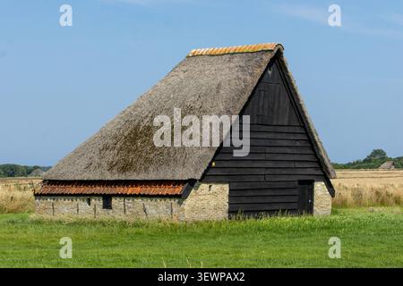 Imposing historic thatched sheepfold with black timber walls and stone base on Texel island, Netherlands. Stock Photo