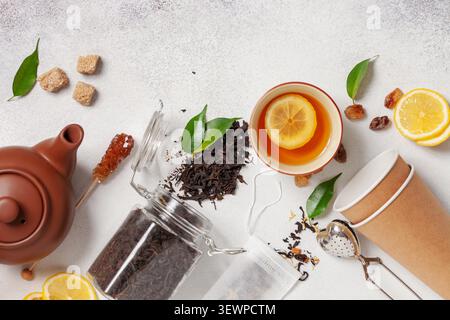 Tea composition on light grey background. Flat lay. Top view. Banner Stock Photo
