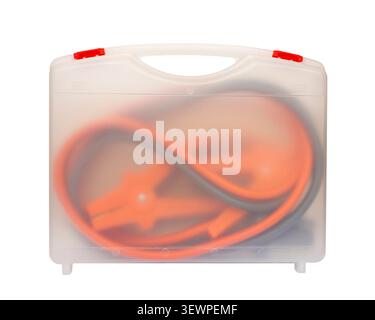 Portable Jump Starter Cable Kit Stored in Plastic Transparent Carry Case on Isolated White Background. Stock Photo