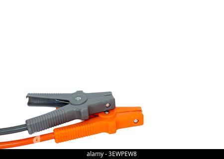 Positive and Negative Battery Jumper Cable Clamps Isolated on White Background Stock Photo