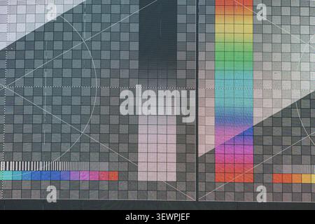 a highly detailed close-up of a television test pattern displayed on a screen with a visible pixel grid or mesh texture Stock Photo