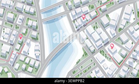 Isometric 3D City Map with Pink Location Pins Showing Navigation Route Across Urban District Stock Vector