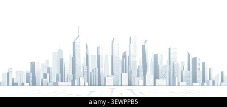 Minimalist modern city skyline silhouette featuring tall skyscraper buildings and high-rise towers in monochrome blue tones representing urban Stock Vector