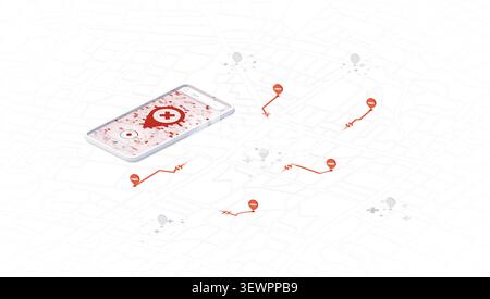 Isometric City Map with Mobile Navigation Interface and Location Markers Stock Vector