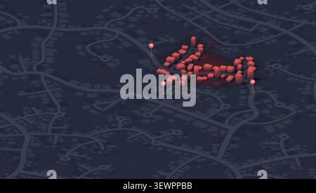 Gated Community Zone with Restricted Entry Checkpoints and Perimeter Access Control on Dark City Street Network Stock Vector