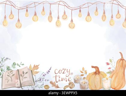 Cozy time watercolor autumn frame, horizontal background with hand painted pumpkins, retro light bulbs garland, vintage book, candles on white. Vector Stock Vector