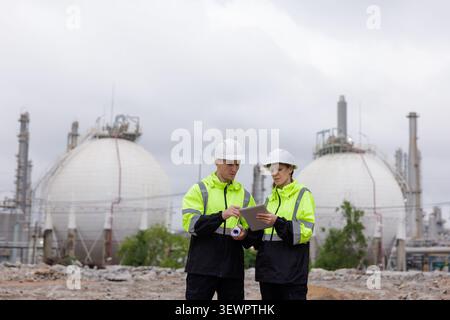 Engineers in high visibility safety gear and hard hats review data on a tablet before large industrial storage tanks at a chemical refinery. Stock Photo