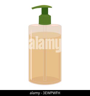 Liquid soap in a dispenser. Natural cleaning agent for surface disinfection in transparent bottle. Sanitizer, shampoo, and conditioner for baths and s Stock Vector