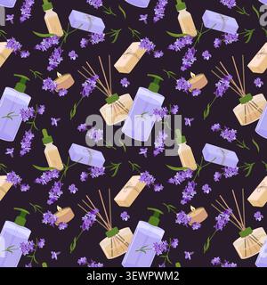 Spa accessories on a black background. Vector seamless pattern. Lavender soap, essential oil and reed diffuser. Fresh lavender sprigs for calming atmo Stock Vector