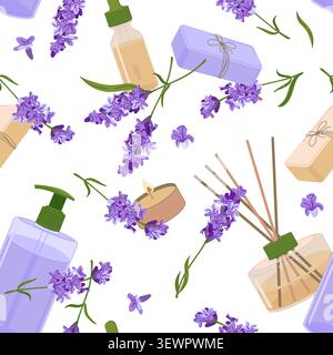 Spa accessories. Vector seamless pattern. Lavender soap, essential oil bottle, and reed diffuser. Fresh lavender sprigs create a calming atmosphere. P Stock Vector