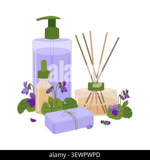 Vector illustration of violetr scented home essentials. Reed diffuser, a dropper bottle with essential oil and handmade soap bar. Fresh Viola odorata Stock Vector
