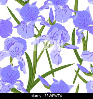 Vector illustrations of irises. Seamless pattern of spring blue flowers. Vintage romantic print in Art Nouveau style. Background for wedding invitatio Stock Vector