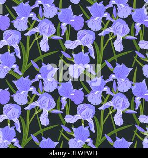 Vector illustrations of irises. Seamless pattern of spring blue flowers. Vintage romantic print in Art Nouveau style. Background for wedding invitatio Stock Vector