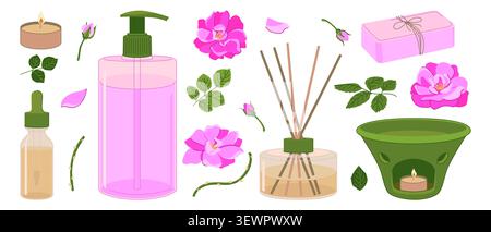 Vector aromatherapy products set. Damask rose flowers, reed diffuser, dropper bottle, essential oils, liquid soap dispenser, and aroma lamp. Ideal for Stock Vector