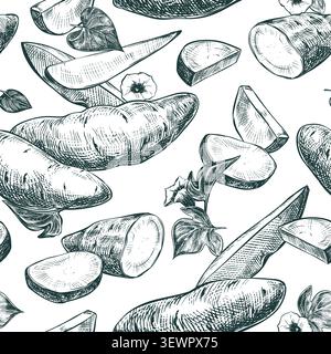 A seamless pattern of sweet potatoes. Vector sketch of yams lying on a table. Whole batsts, halves and slices depicted in an engraved style. Line draw Stock Vector