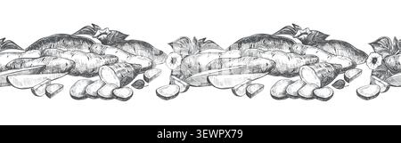 A seamless pattern, of sweet potatoes. Vector sketch of yams lying on a table. Whole batsts, halves, nippers and slices depicted in an engraved style. Stock Vector