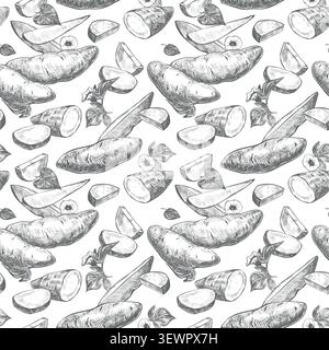 A seamless pattern of sweet potatoes. Vector sketch of yams lying on a table. Whole batsts, halves and slices depicted in an engraved style. Line draw Stock Vector