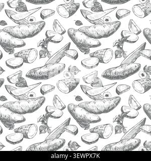 A seamless pattern of sweet potatoes. Vector sketch of yams lying on a table. Whole batsts, halves and slices depicted in an engraved style. Line draw Stock Vector