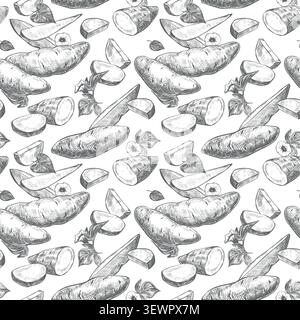 A seamless pattern of sweet potatoes. Vector sketch of yams lying on a table. Whole batsts, halves and slices depicted in an engraved style. Line draw Stock Vector