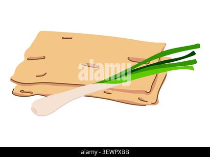 Jewish matzah bread. Vector illustration of unleavened lavash and green onions. Flat style. Two slices of homemade bread and greens lie on the table. Stock Vector