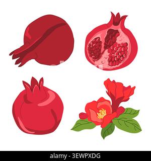 Pomegranate icon set. Whole and halved fruits with seeds, twigs, green leaves, and Anar flowers. Flat style. The fruit of the tree of paradise in Musl Stock Vector