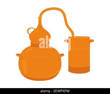 Vector illustration of a Alembic . An old copper distillation apparatus for producing essential oils and floral distillates. A pot still for home prod Stock Vector
