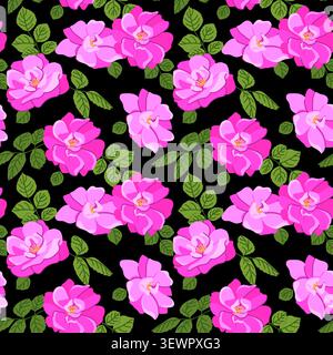 Vector background with dog roses. A popular Victorian motif. A symbol of love and passion. Seamless pattern with pink roses on a black background. Cli Stock Vector