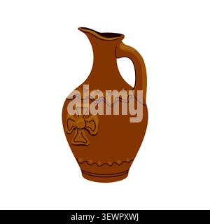 A large brown clay jug with a handle and a narrow neck, standing on a white background. Clay wine vessel. Ceramic tableware with an ethnic pattern. Ve Stock Vector