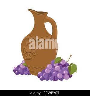 Terracotta wine vessel and purple grapes. Brown clay jug with a handle. Ceramic tableware with an ethnic pattern. Vector illustration. Stock Vector