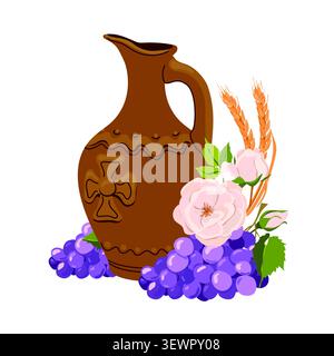 Clay wine jug and purple grapes. Vector illustration. Ceramic tableware with an ethnic pattern from Georgia. A symbol of wealth and hospitality. Stock Vector