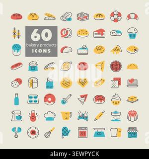 A comprehensive set of 60 flat icons for bakery products and kitchen tools. Perfect for websites, menus, and food-related applications. Stock Vector