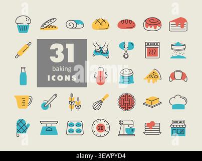 A comprehensive set of 31 flat icons for bakery items and baking tools. Perfect for menus, food blogs, and kitchen-related websites or apps. Stock Vector