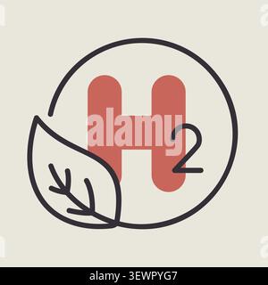 Minimalist outline H2 symbol with leaf suitable for green energy and renewable fuel technology design concepts Stock Vector