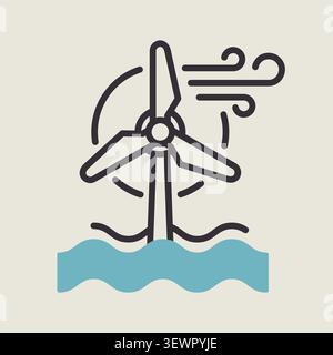 Minimalist outline offshore wind turbine icon suitable for renewable ocean energy and eco technology design concepts Stock Vector