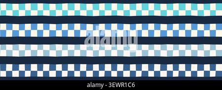 Horizontal checkerboard borders vector set, Wavy distorted dividers with check pattern for summer coastal and nautical designs Stock Vector