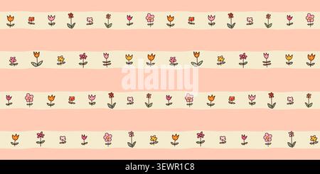 Horizontal organic stripes and cute doodle flowers vector seamless pattern, Soft pink stripe floral background for textile and decor Stock Vector