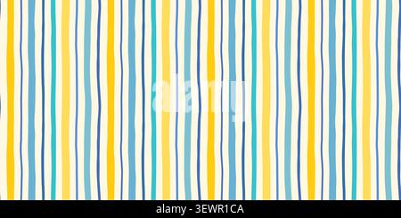 Hand painted vertical summer stripes vector seamless pattern, Yellow and blue organic uneven brushstrokes nautical background Stock Vector