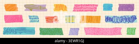 Colorful washi tape with scribble texture set, Masking paper tape with doodle lines for kids birthday designs, journaling, scrapbooking and planners Stock Vector