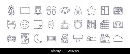 Sleep relax line icon set. Body exercise sleep stress balance mood care pictogram bed Stock Vector